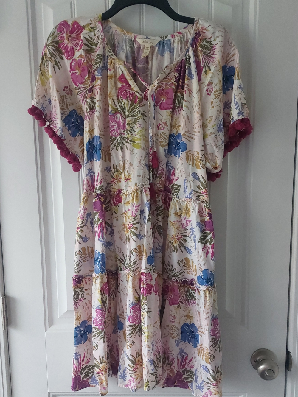 Matlida Jane Floral Tiered Dress with Pom Trim - Pink & Blue